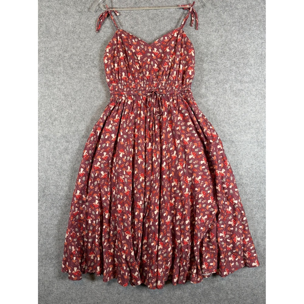 Mochipan Mushroom Print Dress Womens XS Burgundy New Whimsical Cottagecore Midi